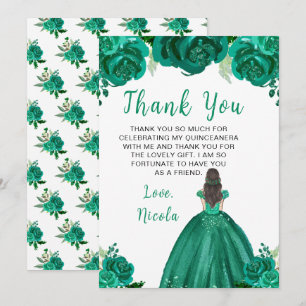 Braunhaar Prinzessin Grüne Florale Quinceanera Dankeskarte