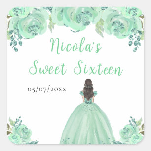 Braunhaar Prinzessin Mint Blumen Sweet Sixteen Quadratischer Aufkleber
