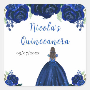 Braunhaar Prinzessin Navy Floral Quinceanera Quadratischer Aufkleber