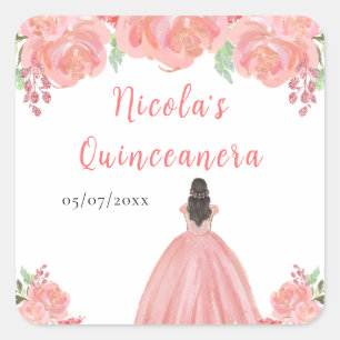 Braunhaar Prinzessin Rosa Florale Quinceanera Quadratischer Aufkleber