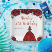 Braunhaar Prinzessin rote Blumen Geburtstag Pappteller (Party)