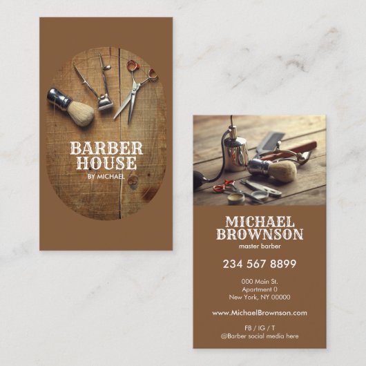 Braunhaar-Stylistin Rustikales Holz BarberShop Visitenkarte (Vorne/Hinten)