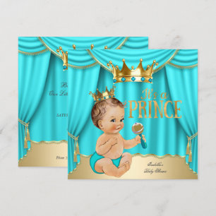 Braunhaarige Babyparty Prinz Aqua Blau Goldene Kro Einladung
