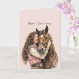 Braunhaarige Frau umarmt Pferd rosa Geburtstag Karte