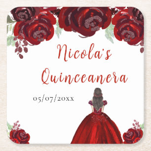 Braunhaarige Haarprinzessin rote Floral Quinceaner Rechteckiger Pappuntersetzer