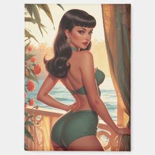 Braunhaarige Pin-Up-Dame in grünem Bikini auf eine Magnet