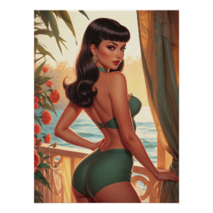 Braunhaarige Pin-Up im grünen Bikini auf dem Meerb Poster