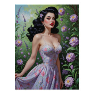Braunhaarige Pin-Up im lila Blumenkleid Poster