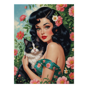 Braunhaarige Pin-Up mit süßer Katze Poster