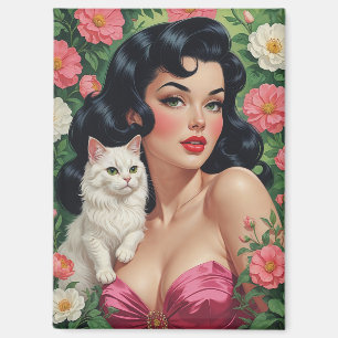 Braunhaarige Pin-Up mit süßer weißer Katze Magnet