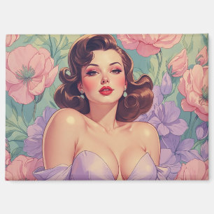 Braunhaarige Pin-Up-Pastellblumen Magnet