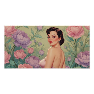 Braunhaarige Pin-Up Pastellblumen Poster