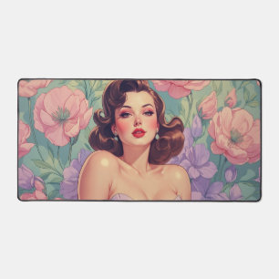Braunhaarige Pin-Up-Pastellblumen Schreibtischunterlage