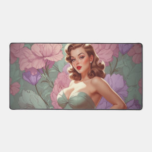 Braunhaarige Pin-Up-Pastellblumen Schreibtischunterlage