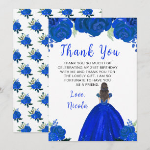 Braunhaarige Prinzessin Blaue Blumen Geburtstagsfe Dankeskarte