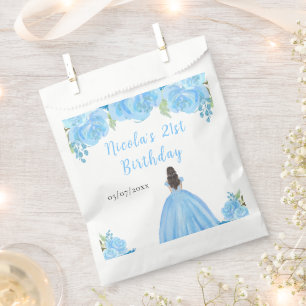 Braunhaarige Prinzessin Blaue Florale Geburtstagsf Geschenktütchen