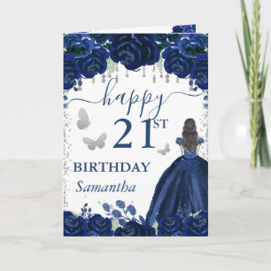 Braunhaarige Prinzessin Navy Blaues Kleid Geburtst Karte