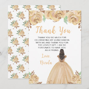 Braunhaarige Prinzessin Peach Florale Quinceanera Dankeskarte