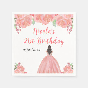 Braunhaarige Prinzessin Pinke Blumige Geburtstagsf Serviette