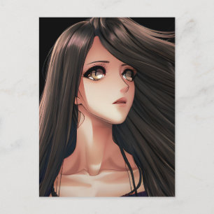 Braunhaariges Anime-Mädchen mit braunen Augen zum  Postkarte