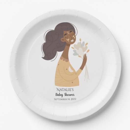 Braunhäute Boho Frau mit Herzbukett Pappteller (Vorderseite)