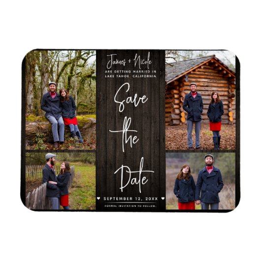 Braunholz Rustikale 4 Fotos Save the Date Hochzeit Magnet (Horizontal)