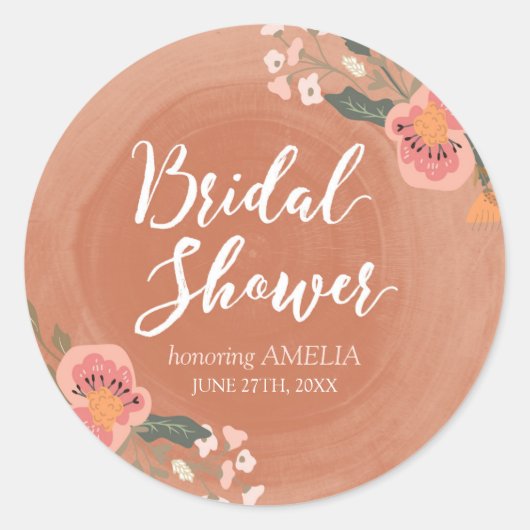 Braunholz und Blüten Rustikales Brautparty Runder Aufkleber (Vorderseite)