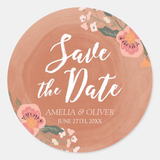 Braunholz und Blüten Save the Date rustikal Runder Aufkleber (Vorderseite)