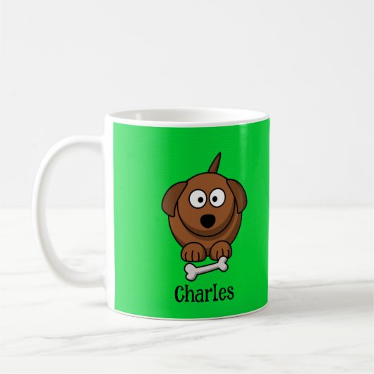Braunhund mit Knochen, auf grün personalisiert Kaffeetasse (Links)
