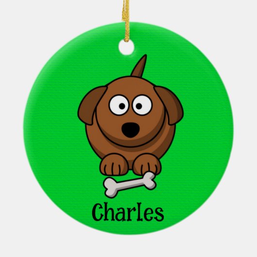 Braunhund mit Knochen, auf grün personalisiert Keramik Ornament (Hinten)