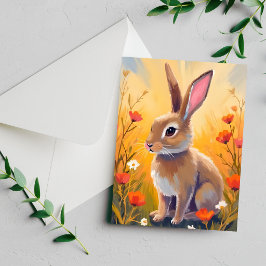 Braunkaninchen-Blumenfeld-Tiermalerei-Karte