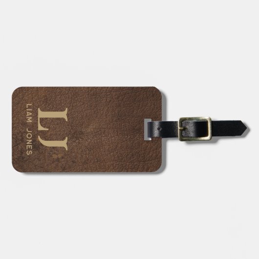Braunleder Mit Monogramm Maskuline Vintag Gepäckanhänger (Vorderseite horizontal)