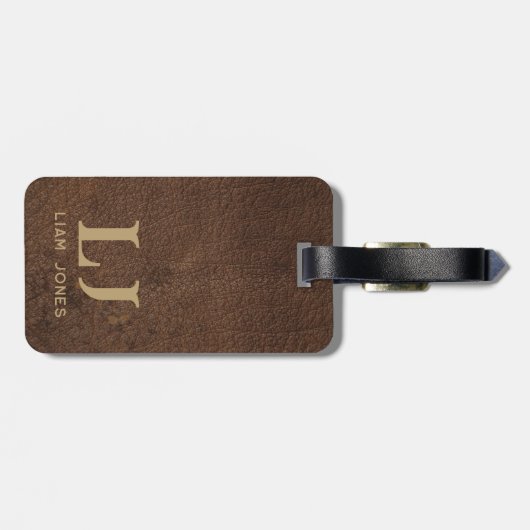 Braunleder Mit Monogramm Maskuline Vintag Gepäckanhänger (Rückseite horizontal)