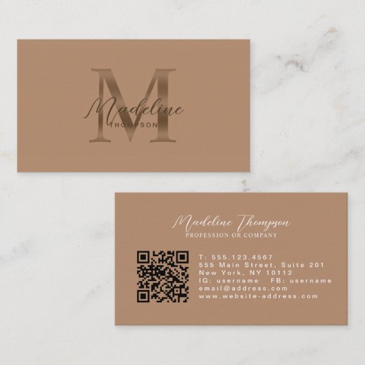 Braunmetallic Braune Monogramm-Schrift-QR-Code Visitenkarte (Vorne/Hinten)