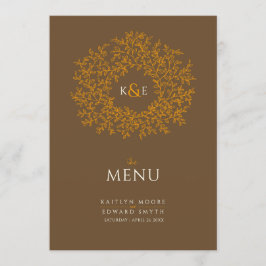 Braunorange-botanische Blätter, zeichnend Monogram Menükarte