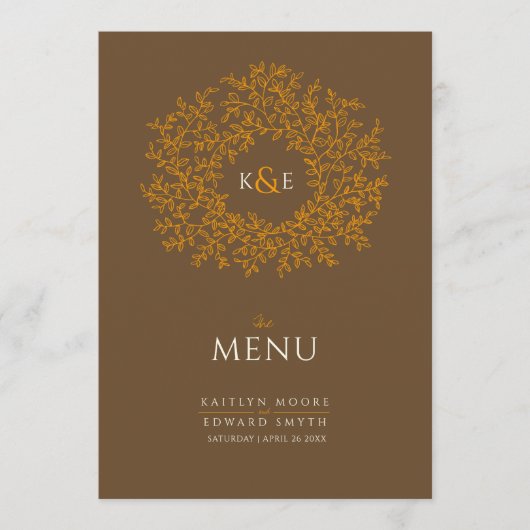 Braunorange-botanische Blätter, zeichnend Monogram Menükarte (Vorderseite)
