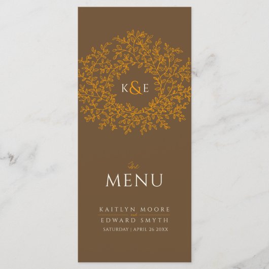 Braunorange-botanische Blätter, zeichnend Monogram Menükarte (Vorderseite)