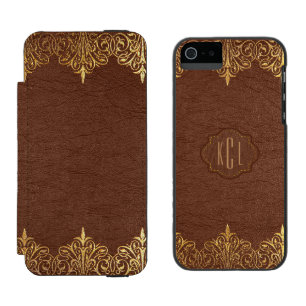Braunrahmen aus Vintage-Leder mit floraler Goldspi Incipio Watson™ iPhone 5 Geldbörsen Hülle