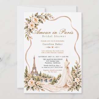 Braunromantisches Pariser Blumenkleid Brautparty Einladung