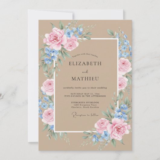 Braunrosa Blütenhochzeit Einladung (Vorderseite)