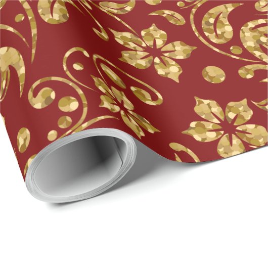 Braunrot & Shiny Gold Damask Blumenmuster Geschenkpapier (Rolleneckpunkt)