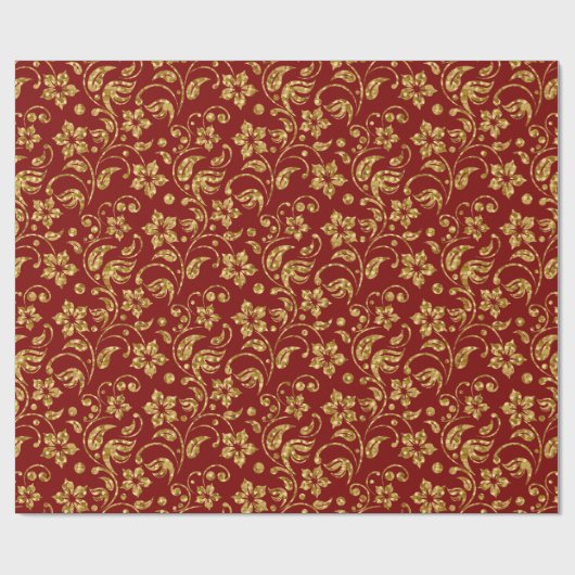 Braunrot & Shiny Gold Damask Blumenmuster Geschenkpapier (Flach)