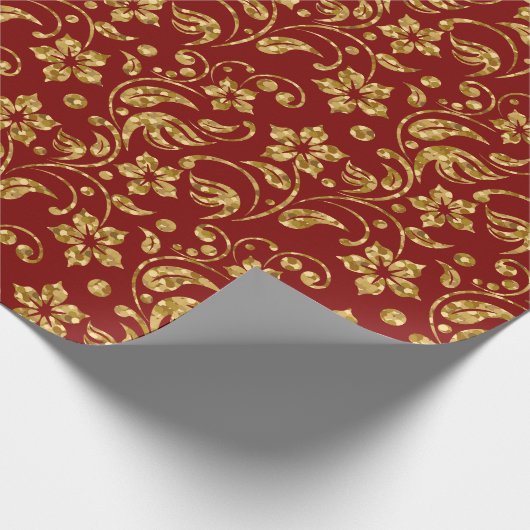 Braunrot & Shiny Gold Damask Blumenmuster Geschenkpapier (Ecke)