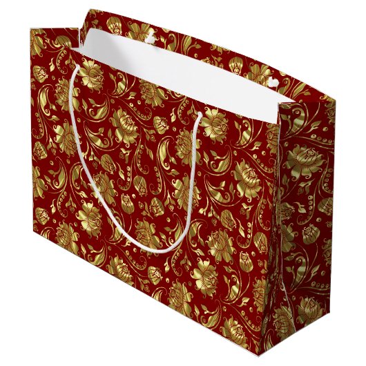Braunrot & Shiny Gold Damask Muster Große Geschenktüte (Rückseite Schrägansicht)