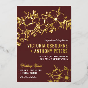 Braunrote und goldene Blumen Hochzeit Folieneinladung
