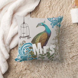 Bräunung Vintager Aquamariner Damast Pfau Birdcage Kissen