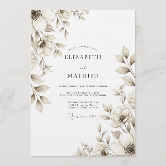 Braunviolette Blumige Hochzeit Einladung (Vorderseite)
