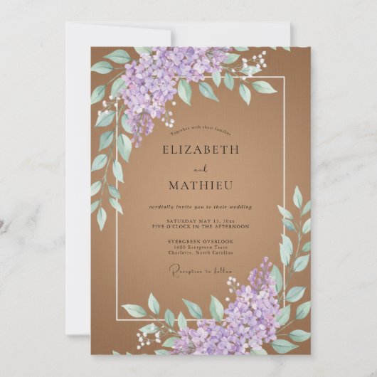 Braunviolette Hochzeit mit Blättern Einladung (Vorderseite)