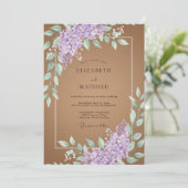 Braunviolette Hochzeit mit Blättern Einladung (Stehend Vorderseite)