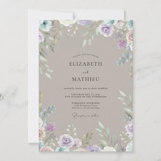 Braunviolette Wildblumen-Hochzeit Einladung (Vorderseite)